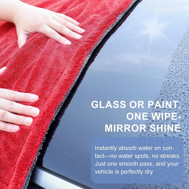 Singrune 2 Pack XL Car Drying Towel – 1300GSM Ultra Absorbent Microfiber, 24"x36" Large Size, Twisted Loop, Lint-Free & Streak-Free for Auto Detailing, Car, SUV, Truck(Gray-RED) - Image 3